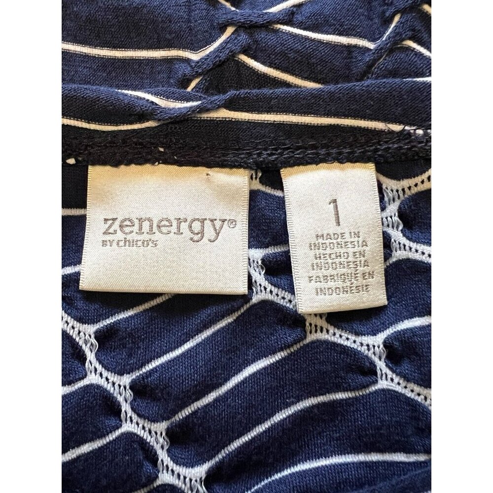 Chicos Zenergy Tunic Top Size 1 Blue White Striped Shark Bite Hem Pleated - Picture 8 of 9